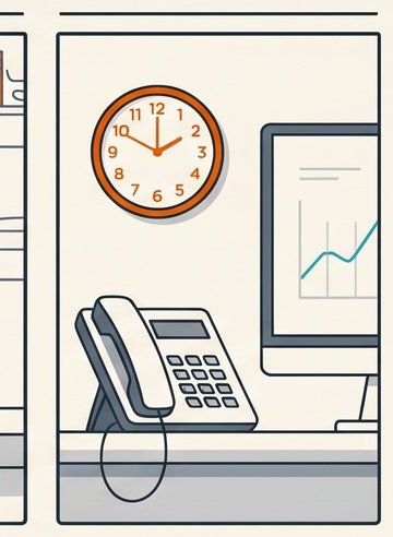Contact center agent at a desk with a clock on the wall — fast, competent resolution